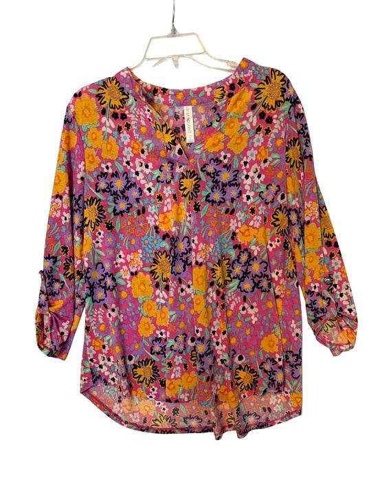 Dear Scarlett Tops - Dear Scarlett 3/4 sleeve Top - Orange, purple and Pink